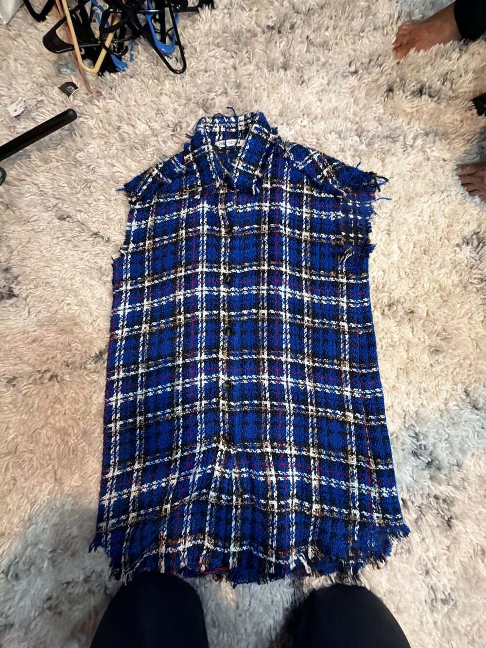 Zara Textured Tweed Sleeveless Mini Dress with Raw Edge Check Detail